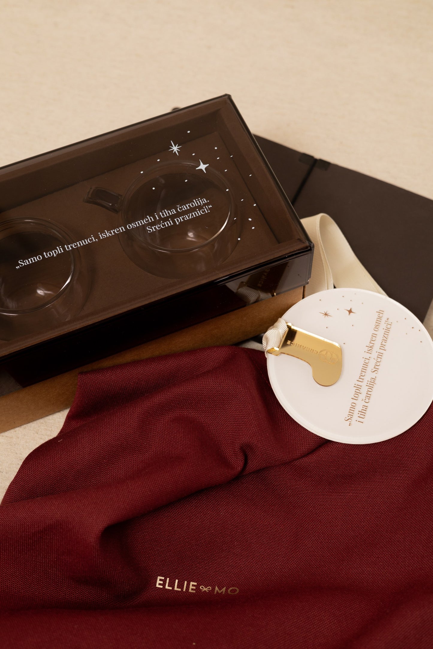 Twinkle Bordeaux Bag | kutija sa šoljicama, lux notes i personalizovani ukras
